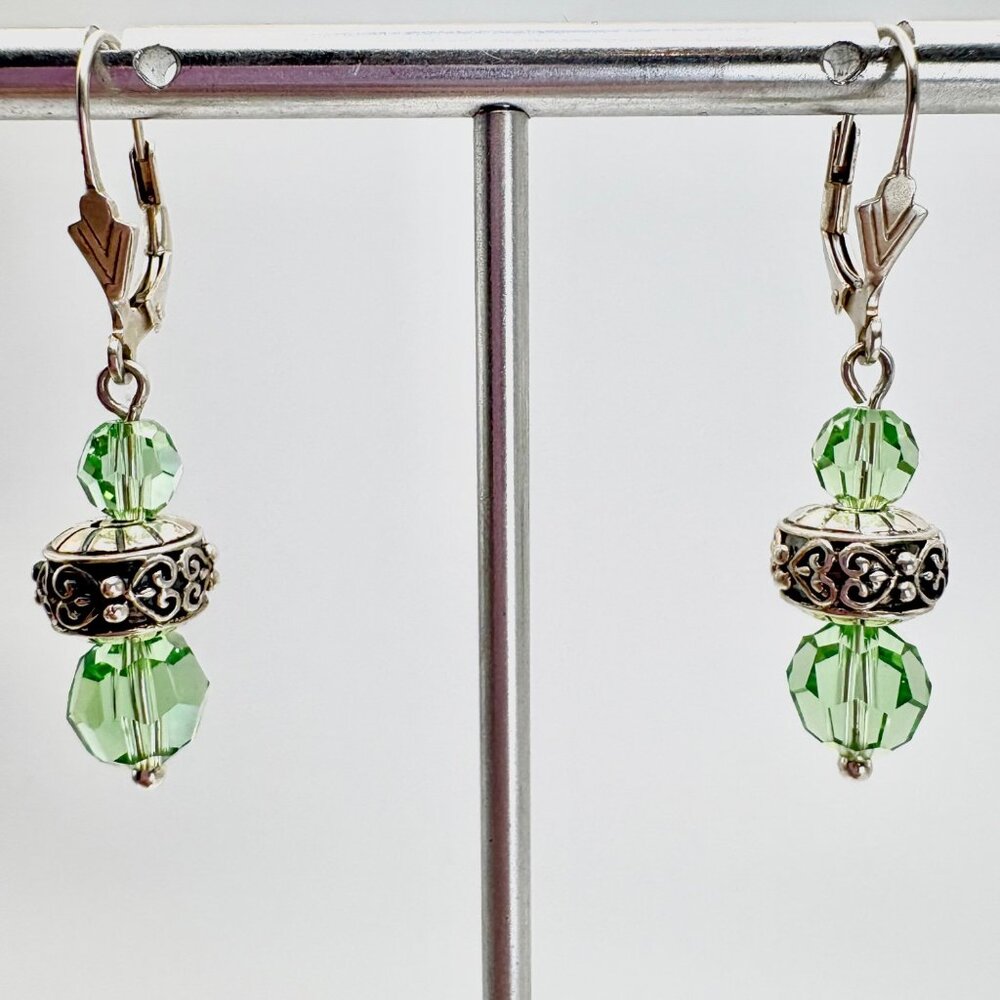 Green Crystal Dangle Earrings VTG Solid Sterling Silver 925 Size 1.5" Length